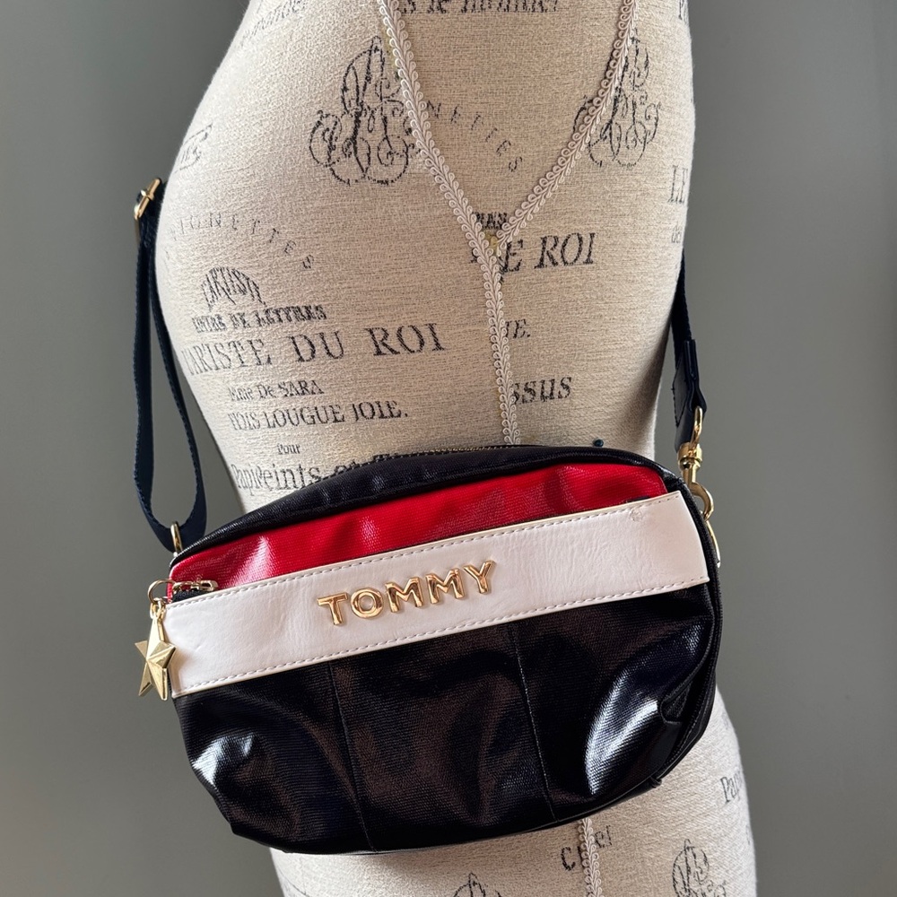 Tommy Hilfiger coated canvas red white, and blue Crossbody adjustable strap